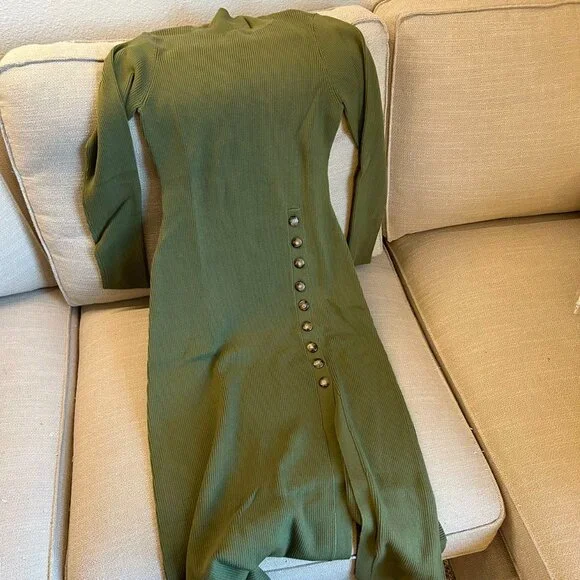 BEST Sezane Harper Midi Knit Dress Large Moss Green Ribbed French High Neckline - Picture 5 of 7
